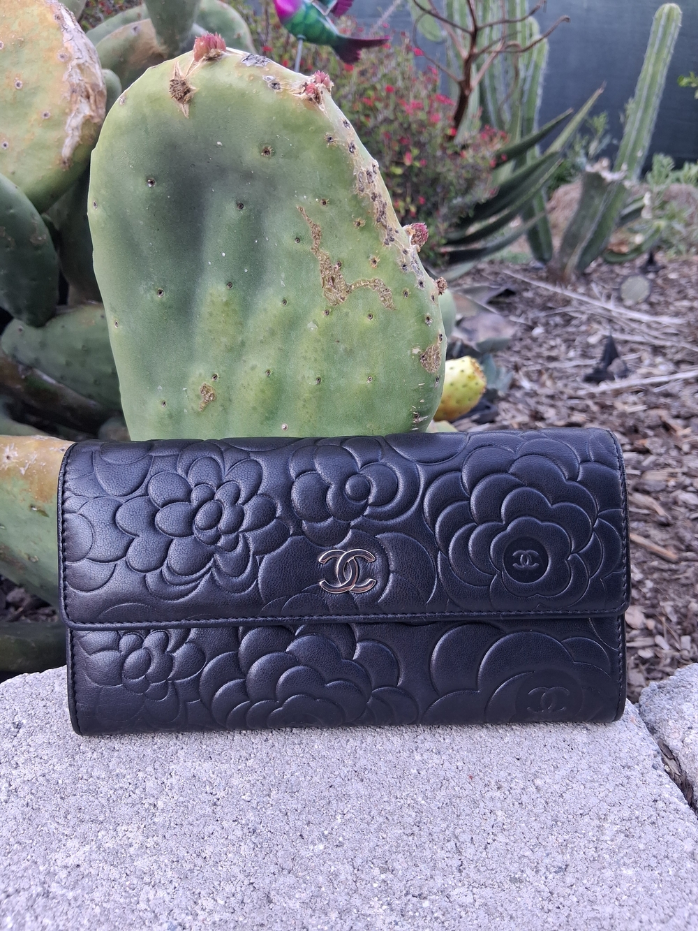 CHANEL Black Camellia  Leather Flap Wallet with CC Logo